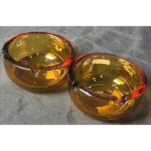 2 Vintage Ashtray Round Amber Heavy Glass 2 Slot MCM Cigarette 3.5"